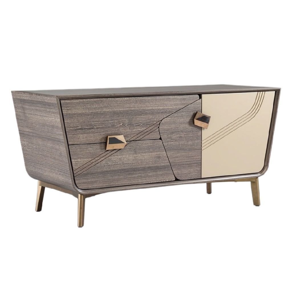 Moderne dressoir met abstracte lijnen en metalen handgrepen